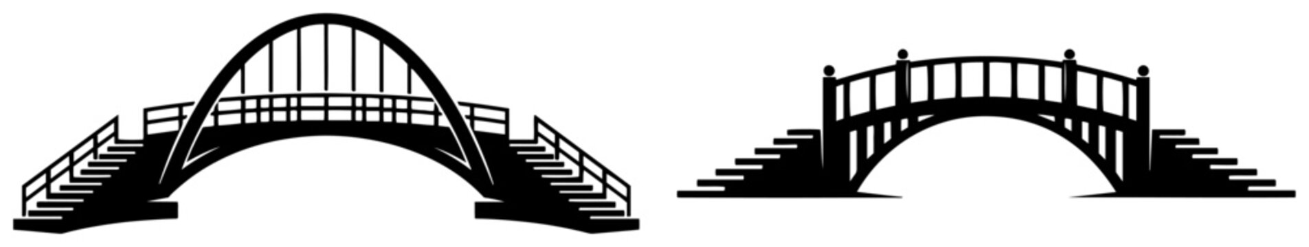 Pedestrian bridge structures with stairs and arched railings in black and white vector style