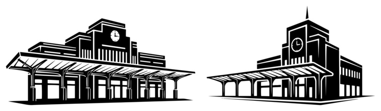 Railway station building with clock tower and platforms in black and white architectural style