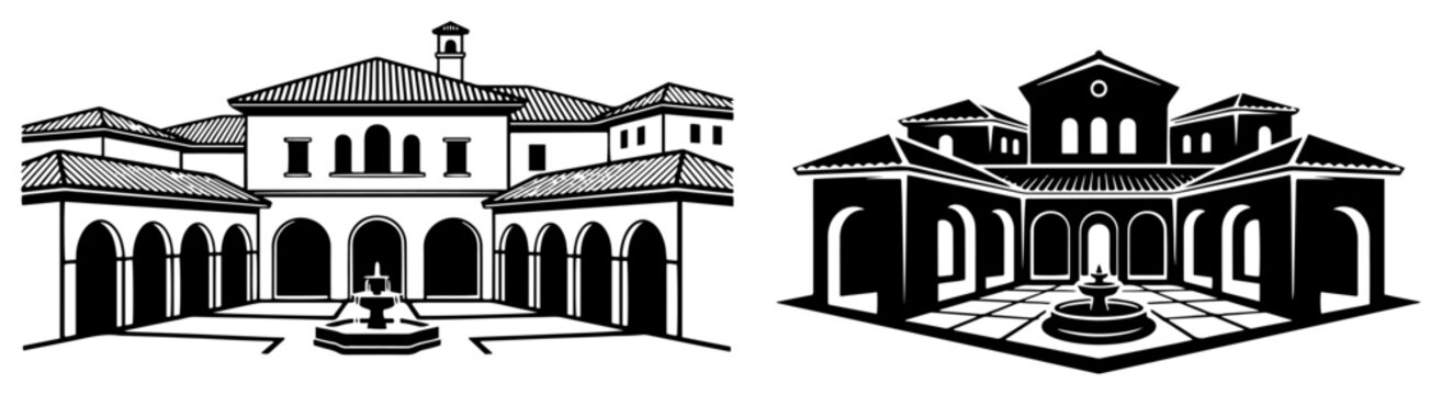 Villa courtyard with mediterranean arches and fountain in minimalist black and white style