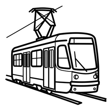 A black and white line art drawing of a modern tram or streetcar on tracks, featuring a pantograph for electric power.