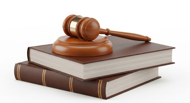 Wooden gavel on top of two brown law books isolated on white background transparent background
