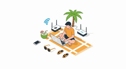 Fototapeta premium Digital Nomad Working Remotely on Beach with Laptop and Wi-Fi Router, Isometric Vector Illustration of Remote Work and Travel Lifestyle Concept