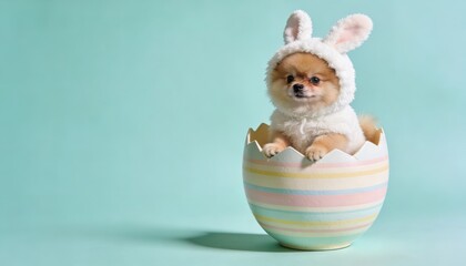 Fototapeta premium Cute puppy in bunny costume, sitting in an egg.
