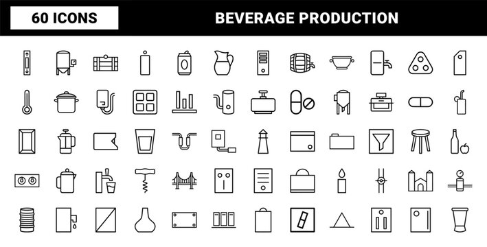 Beverage production and brewery equipment line icons set
