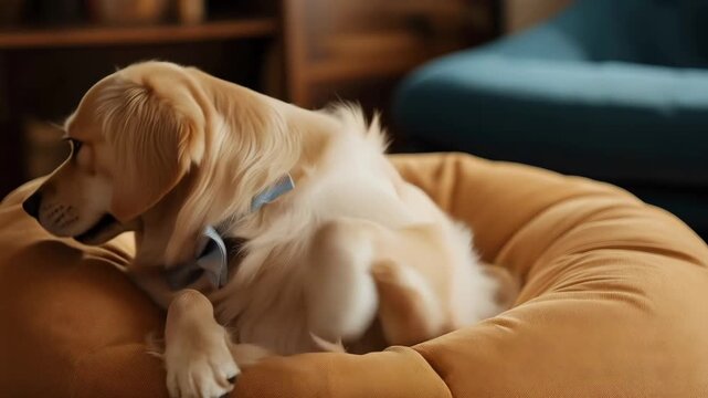 Portrait of a cute golden retriever wearing a bow tie sitting comfortably on a soft yellow beanbag chair in a living room, looking around with a calm and happy expression
