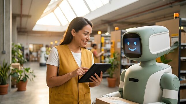 Friendly robot assisting woman with supply chain distribution on tablet