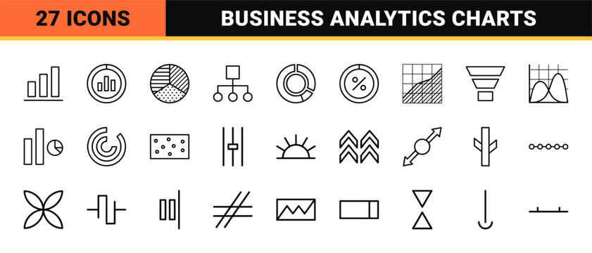 Minimalist business data visualization and infographic chart icon set.