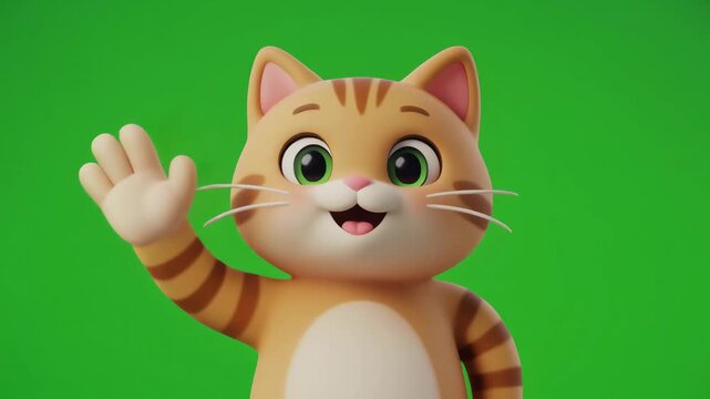A cute cartoon cat waves hello with big eyes on green screen