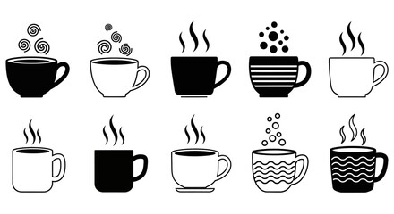 Obraz premium Versatile collection of coffee cup icons with bubbles swirls and wavy patterns on white background for creative design projects and cafeteria menu branding sets
