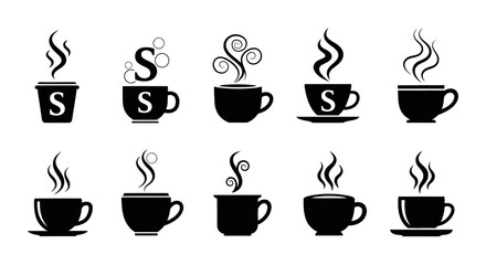 Obraz premium Artistic coffee cup icons with swirl steam and letter ornaments for premium cafe branding and logo design elements collection of unique black silhouette vectors