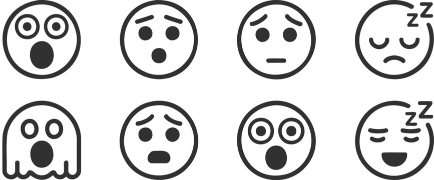 Surprised and shocked emoji face icon set, minimal outline expression collection showing fear, confusion, yawning, and thinking moods, clean vector graphics for messaging apps and chat reactions.