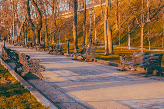 Beautiful park at sunrise time on Volodymyrska girka park in Kyiv, Ukraine