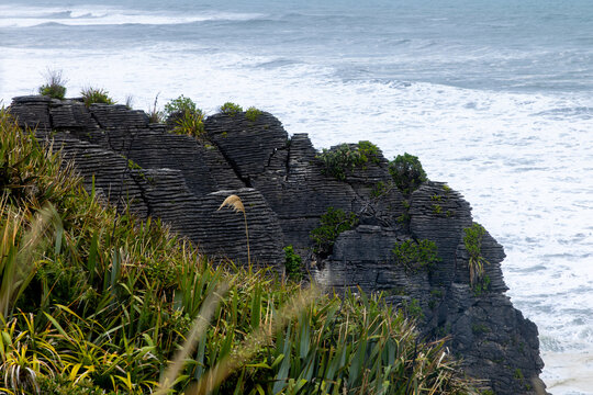 View of layered rock formations meet the turbulent sea, with vibrant green foliage adding a stark contrast, Pancake Rocks and Blowholes Walk, West Coast Region, New Zealand.