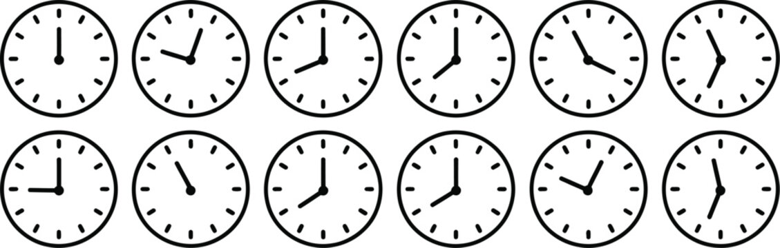 Time and clock icon set with complete twelve hours pointed clockwise o'clock analog wall clocks in thin line vector style for interface and timing concepts