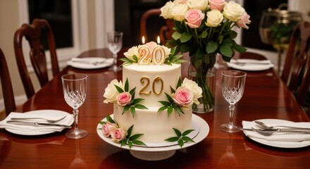 Fototapeta premium A beautifully decorated wedding cake with pink and white roses, candles, and a number 20 on top, placed on a wooden table with a vase of flowers and a set of silverware.