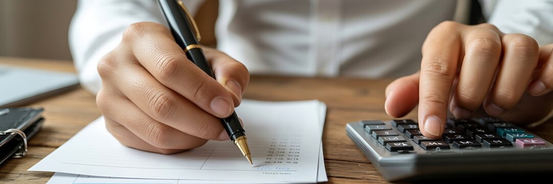 Professional hands performing financial calculations and recording details with a fountain pen on a classic wooden desk