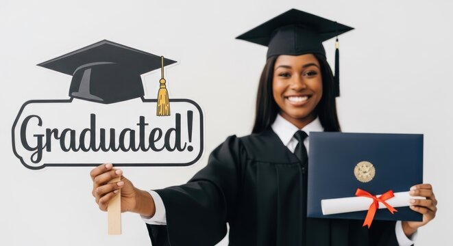 A young woman in a graduation gown holding a diploma and a sign that says 'Graduated!'. The background is white with a light gray gradient.