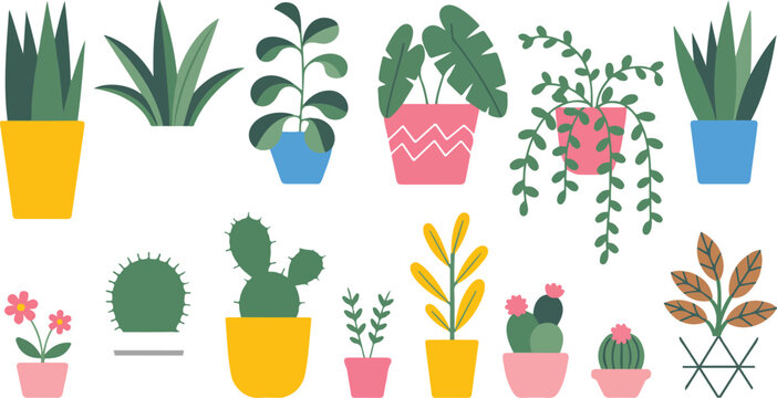Pot plants collection with tropical leaves, trees, succulents and cactus, urban jungle home garden in cartoon houseplant vector set