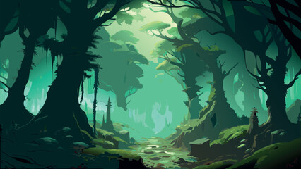 Enchanted Emerald Forest Glade with Ethereal Mist and Ancient Trees © SABIHA