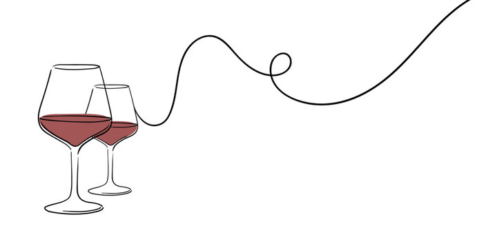 Continuous line wine cheers one line art, continuous drawing contour. Toasting with wine glasses with drinks. Cheers toast festive decoration for holidays. Vector illustration