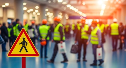 Obraz premium Pedestrian crossing warning sign in the foreground with blurred construction workers in highvisibility vests in the background