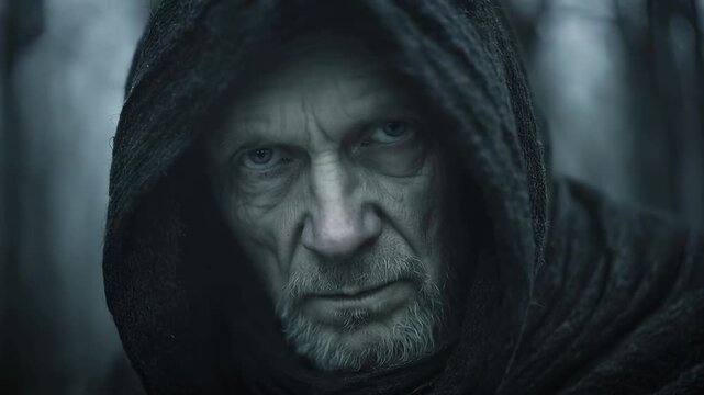 A historic fantasy concept, hooded man in a forest. On a moody bleak winters evening. With cold, dark edit