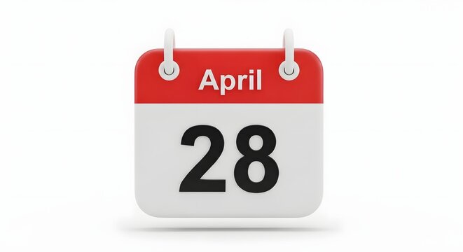 3d calendar icon showing april 28 isolated on white background