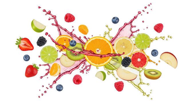 Fresh fruit splash with flying berries and citrus slices, dynamic juice explosion of mixed tropical fruits, colorful summer fruit composition for beverage design isolated PNG with Transparent
