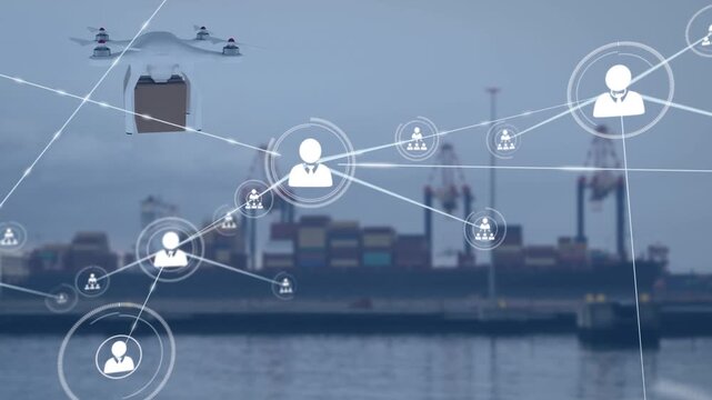 Network of profile icons and drone carrying a delivery box against port