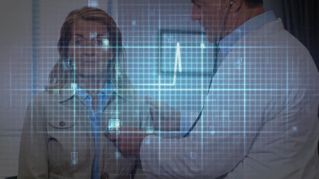 Animation of cardiogram over diverse doctor and patient background