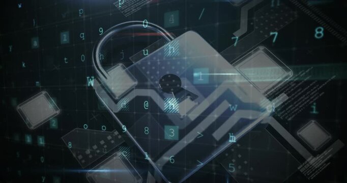 Animation of security padlock over data processing on dark background