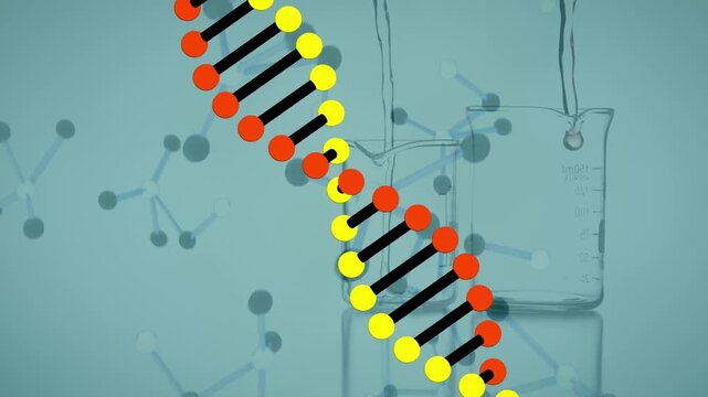 Animation of dna strand and molecules over beakers with liquid