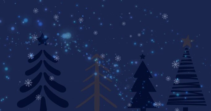 Blue spots and snowflakes falling over christmas tree icons on blue background with copy space