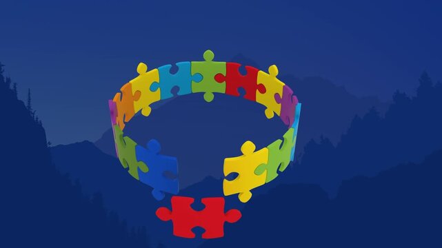 Animation of multicolored jigsaw pieces forming crown moving over silhouette mountains and clear sky