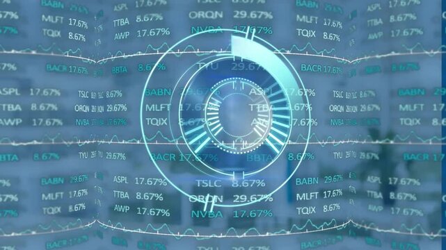 Animation of scope scanning and financial data processing over empty office