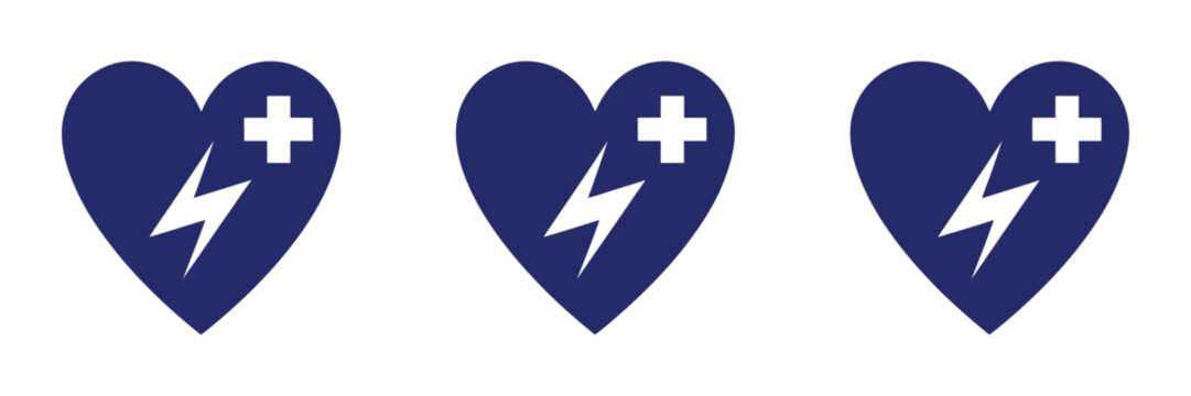 Automated external defibrillator AED sign icon set, heart and electric shock symbols, emergency medical and first aid graphics, simple isolated vector design for healthcare and public safety.