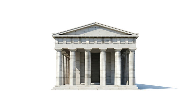 Classical ancient greek temple with doric columns and triangular pediment architecture isolated on white background representing historic civilization heritage and archaeological landmark
