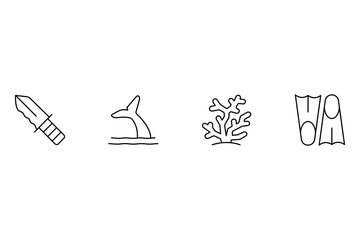 Marine life and diving gear collection line icon vector illustration featuring a knife whale tail coral and flippers set. © suman