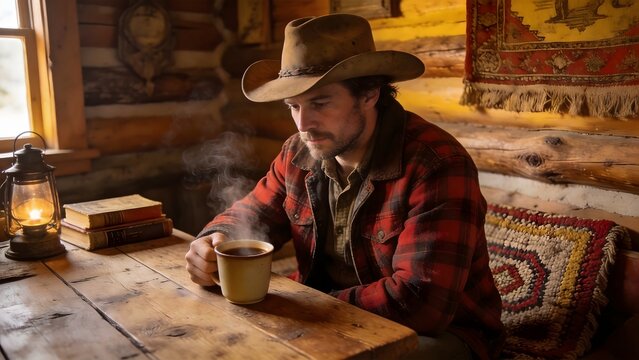 Man in cowboy hat drinking coffee