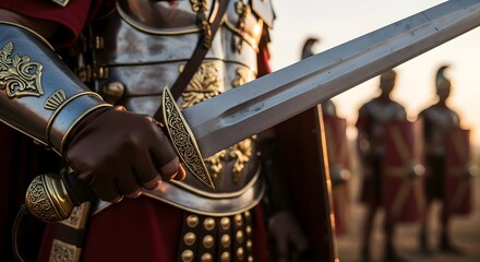 Obraz premium Roman Soldier Holding Gladius Sword Preparing for Battle in Ancient Times
