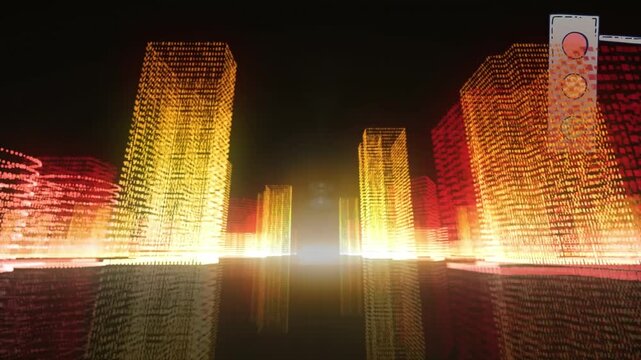 Animation of traffic signal over illuminated dots forming buildings against black background