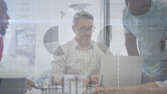 Animation of financial data and graphs over diverse businesspeople working together in office