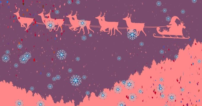 Animation of snow falling over santa claus, christmas decoration and pattern