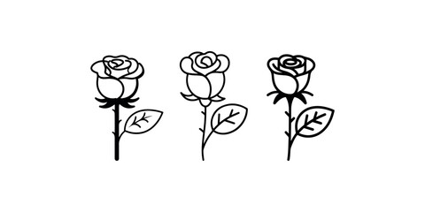 Fototapeta premium Rose flower icon set with different styles and details symbolizing love romance and beauty in simple line art