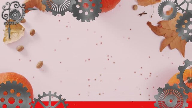 In this clip, we see a clockwork animation on a green background with pumpkins and acorns