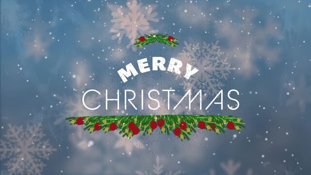 Animation of snow falling over merry christmas text banner against blue background