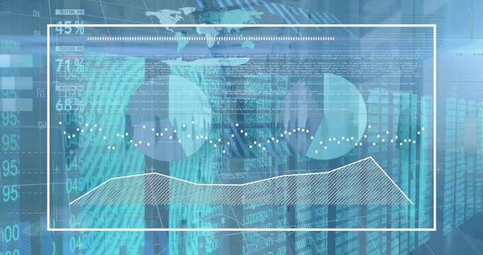 Animation of interface with data processing against empty computer server room