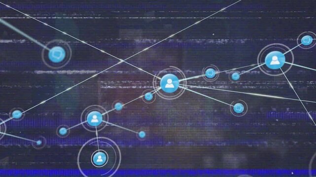 Animation of tv static effect over network of profile icons against statistical data processing
