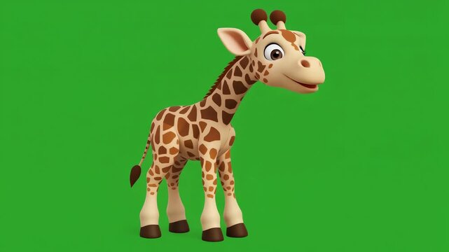 A 3D animated baby dinosaur character resembling a giraffe stands on green screen