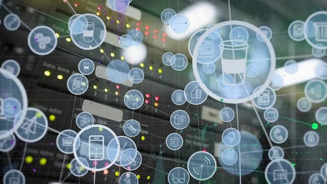 Animation of network of digital icons floating against computer servers
